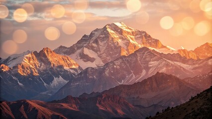 Naklejka premium Soft Focus Bokeh Lighting of a Mountain Range at Sunset, warm light, mountains, fading light, mountain range