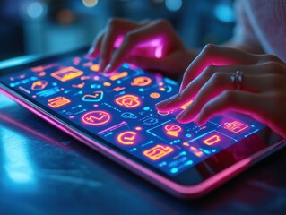 Obraz premium Close-Up View of Hands Using a Futuristic Touchscreen Tablet Displaying Colorful Digital Icons in a Dimly Lit Environment