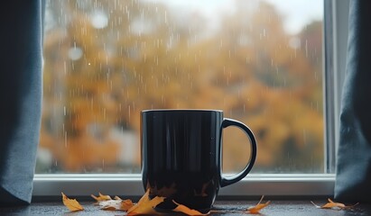 Black mug mockup with a window and rain in the background, during autumn.