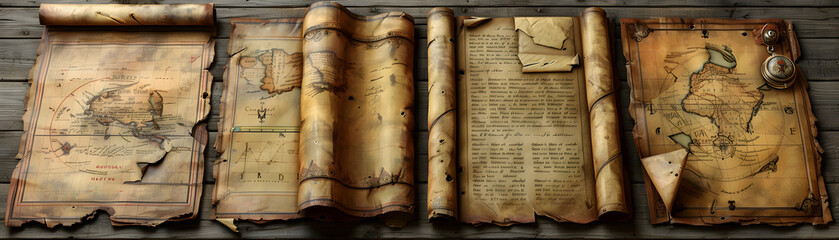 Antique maps, scrolls, parchment, compass on wood.