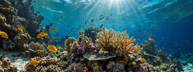 A vibrant underwater coral reef scene, colorful fish swimming, coral structures in various shapes, clear blue water, sunlight filtering through the surface.
