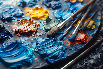 Artist's palette with oil paints and brushes.