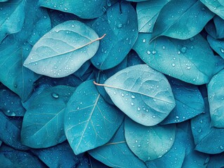 Fototapeta premium Blue Leaves with Water Droplets