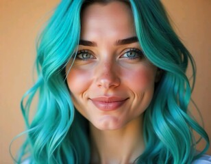 A young Caucasian woman with long, wavy blue teal-colored hair, light skin, and a friendly expression, closeup face, smiling, studio background