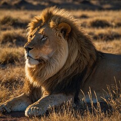 Brightmane the Lion basking in sunlight on a luminous savannah, with shell-like patterns on the...