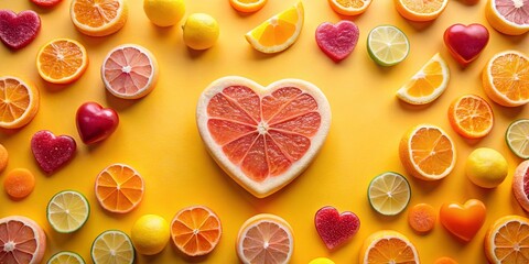 A vibrant citrus heart surrounded by juicy fruit slices and sweet candy hearts on a yellow background