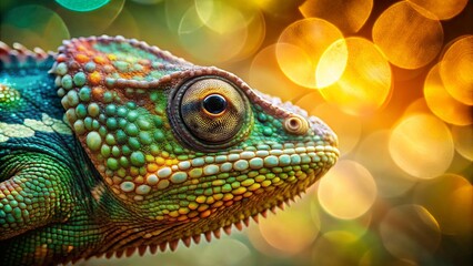 Fototapeta premium Close-up of a vibrant chameleon with intricate scales against a bokeh background