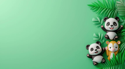 Cute Cartoon Pandas and a Playful Character Surrounded by Green Tropical Leaves