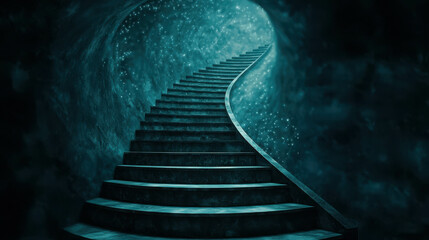Fototapeta premium Mysterious Staircase Leading into a Glowing Blue Abyss of Light and Wonder