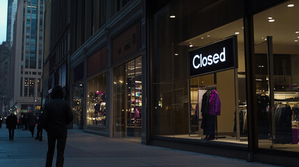 Closed boutique storefront with elegant window display, symbolizing the end of a day and the anticipation of a new beginning