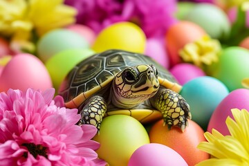 A turtle plush toy surrounded by colorful eggs and spring flowers in an Easter celebration