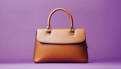 Photo of a luxury leather handbag on a purple background, front view mockup, with copy space for text.