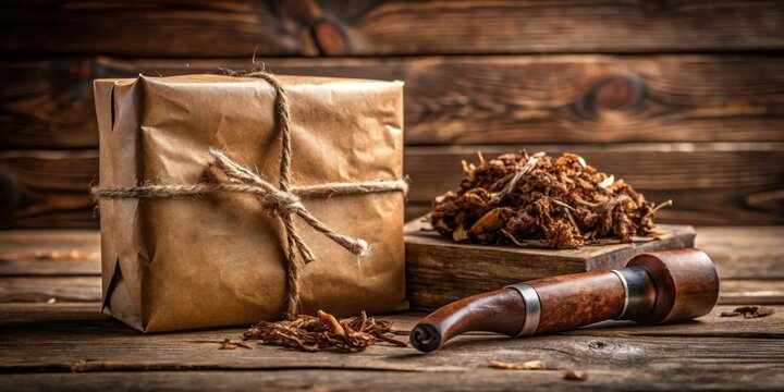 A rustic still life featuring a parcel wrapped in brown paper, a pile of dried botanicals, and a wooden smoking pipe on a weathered wooden surface.