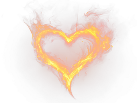 Fiery heart shape formed by flames on black Transparent Background.