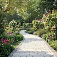 Fototapeta premium Garden path made of white bricks leading to a cottage, outdoor walkway, charming scenery