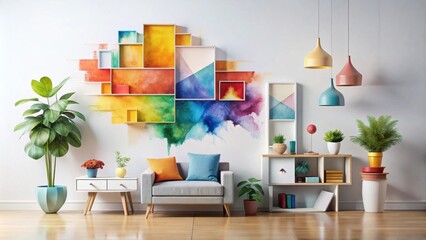 Vibrant Watercolor Wall Art Accentuates a Modern Living Room Design Featuring Colorful Accents and Stylish Decor