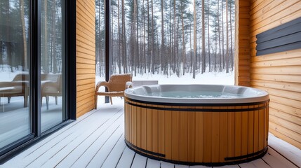 Open terrace with an outdoor wooden hot tub in winter at a luxury private home