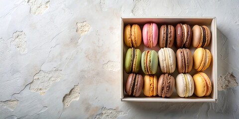A delightful assortment of colorful macarons in a gift box, ready for a sweet treat.