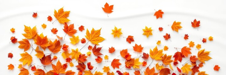 Wavy white background featuring a mix of large and small autumn leaves arranged in a seemingly random formation, fall, natural