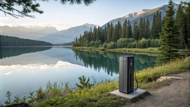 An ecofriendly charger p near a tranquil lake reflecting the surrounding nature.