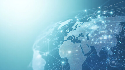  A light blue background with a digital world map and global network connections