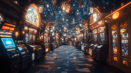 Fototapeta premium A vibrant arcade filled with illuminated slot machines and decorative lights.