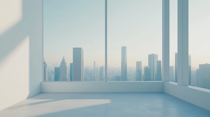 Interior view of an empty room in a skyscraper, showcasing the cityscape during the day. The skyline view from a high-rise window offers a gorgeous property with a stunning view.