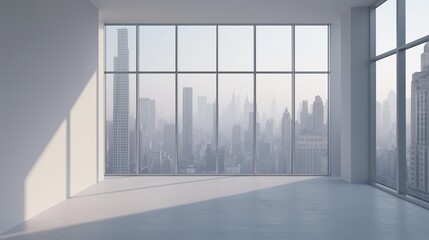 Fototapeta premium Interior view of an empty room in a skyscraper, showcasing the cityscape during the day. The skyline view from a high-rise window offers a gorgeous property with a stunning view.