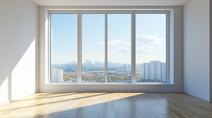 Fototapeta premium Interior view of an empty room in a skyscraper, showcasing the cityscape during the day. The skyline view from a high-rise window offers a gorgeous property with a stunning view.