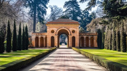 Naklejka premium Serene Garden Pathway Leading to Elegant Archway in Sunlight