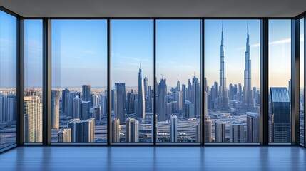 Interior view of an empty room in a skyscraper, showcasing the cityscape during the day. The skyline view from a high-rise window offers a gorgeous property with a stunning view.