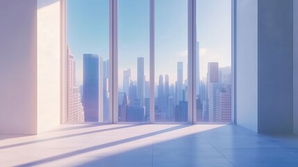 Interior view of an empty room in a skyscraper, showcasing the cityscape during the day. The skyline view from a high-rise window offers a gorgeous property with a stunning view.