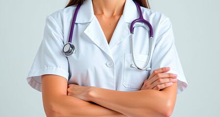  young female doctor in a white short-sleeved coat with a purple stethoscope on her shoulders stands cross-arm. 