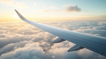 Obraz premium Serene View from Airplane Wing Above Soft Clouds at Sunset