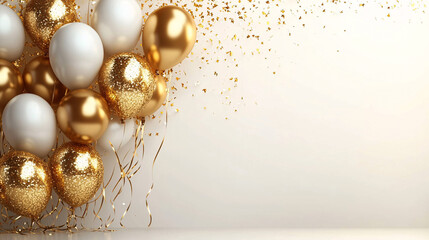 Elegant gold and white balloons create a festive atmosphere, ideal for celebrations, events, and holidays including weddings and New Year's parties.