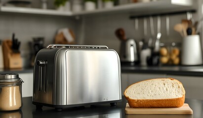 A silver toaster with bread on the counter, a modern kitchen interior, a close-up of the machine and a loaf of fresh white bakery bread in a studio shot, captured.