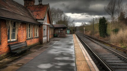 Fototapeta premium Abandoned Train Station Under Cloudy Sky with Wet Platform Views