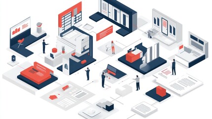 Fototapeta premium Isometric Illustration of a Complex Data Network, Showcasing Business Processes and Teamwork