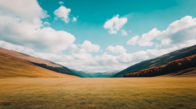 Vast Expanse: A dramatic perspective of a vast valley, framed by rolling hills and a vibrant blue sky dotted with fluffy clouds. - Powered by Adobe