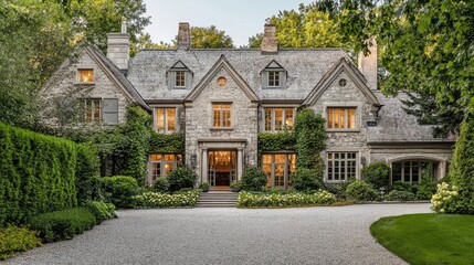Elegant Stone Mansion Surrounded by Lush Greenery and Gardens