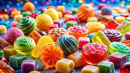 A vibrant assortment of colorful candies and sweets, showcasing a delightful mix of textures and shapes in a close-up view.