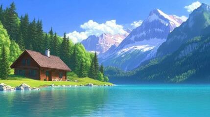 Tranquil Mountain Cabin by Serene Lake Under Bright Blue Sky