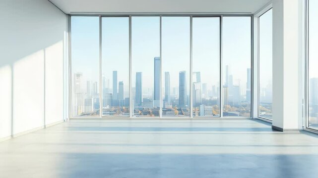 Interior view of an empty room in a skyscraper, showcasing the cityscape during the day. The skyline view from a high-rise window offers a gorgeous property with a stunning view.