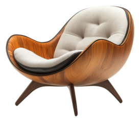 Stylish modern lounge chair with padded seat and wooden finish isolated on transparent background