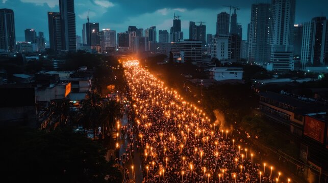 EDSA People Power Commemoration Week Nighttime torchlight parade amidst urban skyline - evening city march