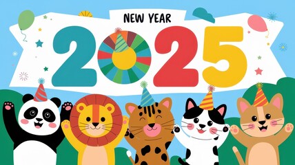 Naklejka premium Charming of a Festive 2025 New Year with Cute Animal Characters