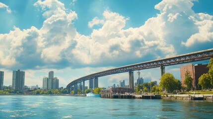 Obraz premium Scenic Waterfront View with Bridge and Urban Skyline Under Clouds