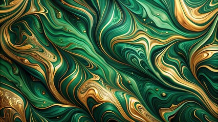 Fototapeta premium Abstract Emerald and Gold Swirling Liquid Marble Design
