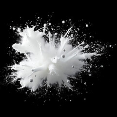Macro shot of individual particles of white powder exploding on black background with intricate details, micro, cloud, highlights, particles, blur