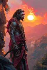 Fototapeta premium Majestic Hanuman Against a Sunset Background